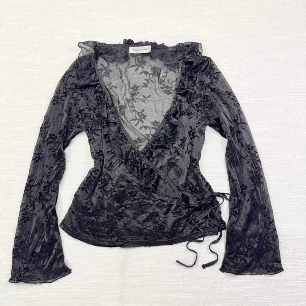 Marlene Jobert Sheer Floral Burnout Wrap Top Bell Sleeve Gothic Womens S - Picture 2 of 8